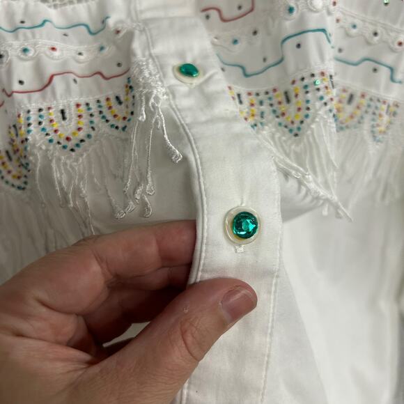 Rhinestone Western Fringe Shirt Carlton‎ Sport Embroidered White Size L - Picture 3 of 9